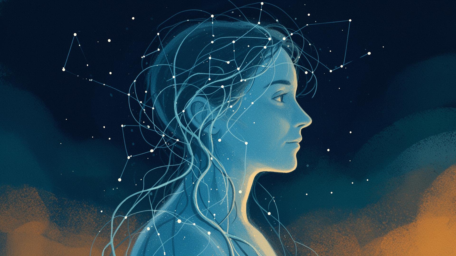 A calm figure surrounded by intelligent constellations